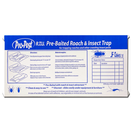 Under side of Pro-Pest Roach and Insect Trap features instructions and record keeping chart.